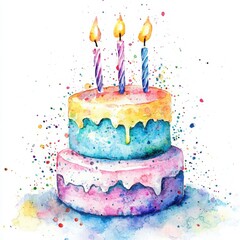 Watercolor cake with candles art on a white background