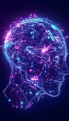 Fototapeta premium A stylized, wireframe human head is rendered in blue and pink, illuminated by glowing lines, dots, and orbs, evoking a futuristic, technological aesthetic
