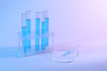 Petri dish with pipette and test tubes on light background. Space for text