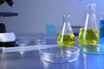 Petri dishes, pipette and flasks with samples on table, closeup. Space for text