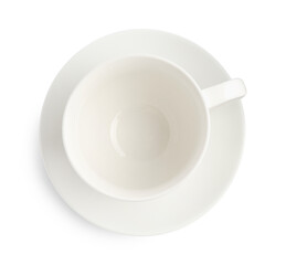 Empty coffee cup with saucer isolated on white, top view