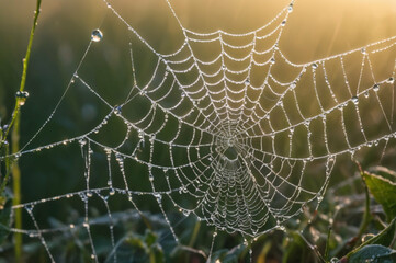 Fototapeta premium Background Sparkling Spider Web with Dewdrops