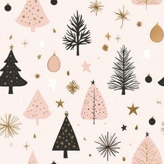 Christmas seamless pattern with pink and black festive trees and gold ornaments