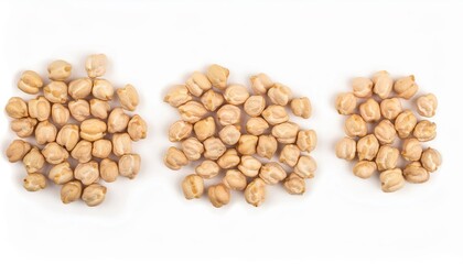 Three heaps of dried chickpeas forming a diagonal line on a white background