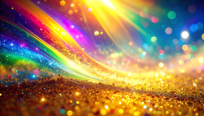 Radiant rainbow light trails illuminating a shimmering golden expanse