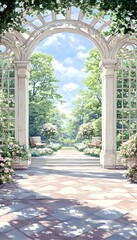 A white stone archway leads to a lush garden, with blooming pink roses, benches, and a clear blue sky
