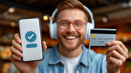 Ein lächelnder rothaariger Mann mit Kopfhörern zeigt ein Smartphone mit Bestätigungssymbol und eine Kreditkarte in die Kamera.