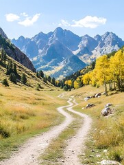Fototapeta premium A winding dirt road leads through a valley with golden trees and majestic mountains in the background under a clear blue sky