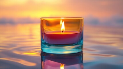 A glass candlestick with a colored base, its candle casting vibrant reflections on a smooth surface