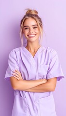 A young woman with blonde hair and a warm smile stands against a light purple background, wearing a light purple scrub top with her arms crossed in front of her