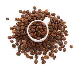 Aromatic coffee beans and cup isolated on white, top view
