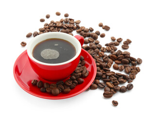 Aromatic coffee in cup and beans isolated on white