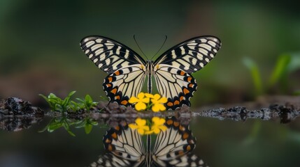 Fototapeta premium A butterfly with black and white wings and orange spots rests on a small yellow flower.