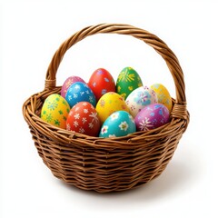 Naklejka premium Decorated easter eggs in basket on a white background