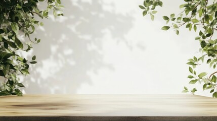 Serene Wooden Table with Lush Greenery and Sunlight Shadows