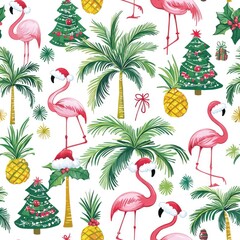 Pink flamingos wearing santa hats enjoying tropical christmas seamless pattern
