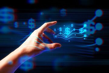 programer people or businessman hand touching interactive to hologram of money dollar network...