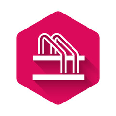 White Bicycle parking icon isolated with long shadow. Pink hexagon button. Vector