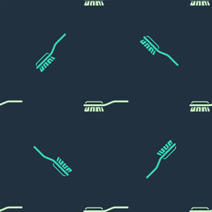 Green and beige Hair brush for dog and cat icon isolated seamless pattern on blue background. Brush for animal fur. Pet accessory. Vector