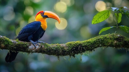 Obraz premium A vibrant toucan perched on a mossy branch in a lush rainforest