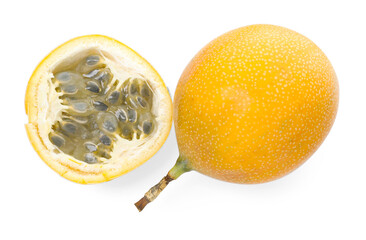 Ripe yellow passion fruits isolated on white, top view