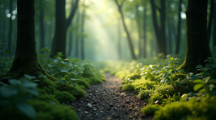 Fototapeta premium Enchanted Forest Pathway – Mystical Light and Nature’s Detail in Ultra-Realistic Microphotography