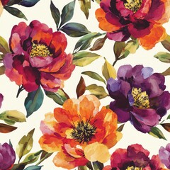 Watercolor painting seamless pattern featuring vibrant purple and orange peonies with green leaves