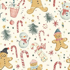 Christmas seamless pattern with gingerbread man, snowman and candy cane celebrating winter holidays