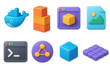 3d docker icons set – container, whale, terminal, cube, network, image, stack. 3D icon set