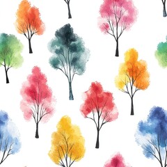 Colorful watercolor trees seamless pattern creating a vibrant forest design
