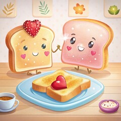 Cheeky toast characters sharing love on a breakfast table  
