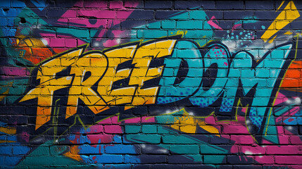 Fototapeta premium Pop art comic street graffiti with Freedom text on brick wall. Social protest and action background poster. 