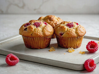 golden raspberry muffins on a tray