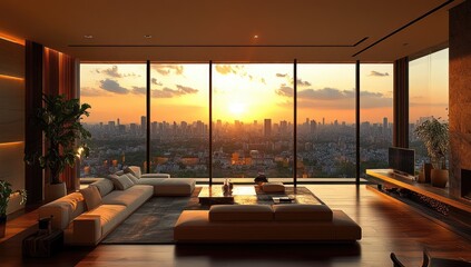 Modern penthouse living room with panoramic city sunset views