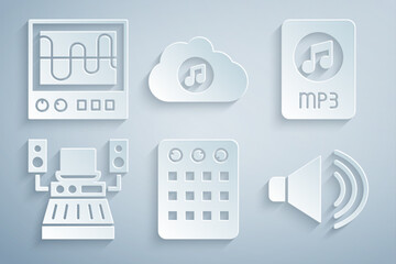 Set Drum machine, MP3 file document, Music recording studio, Speaker volume, streaming service and Oscilloscope icon. Vector