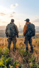 Two hikers stand on a hilltop looking at a wind turbine in the distance, a vast valley and rolling hills surround them