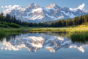 Majestic mountain peaks reflected in tranquil lake waters.