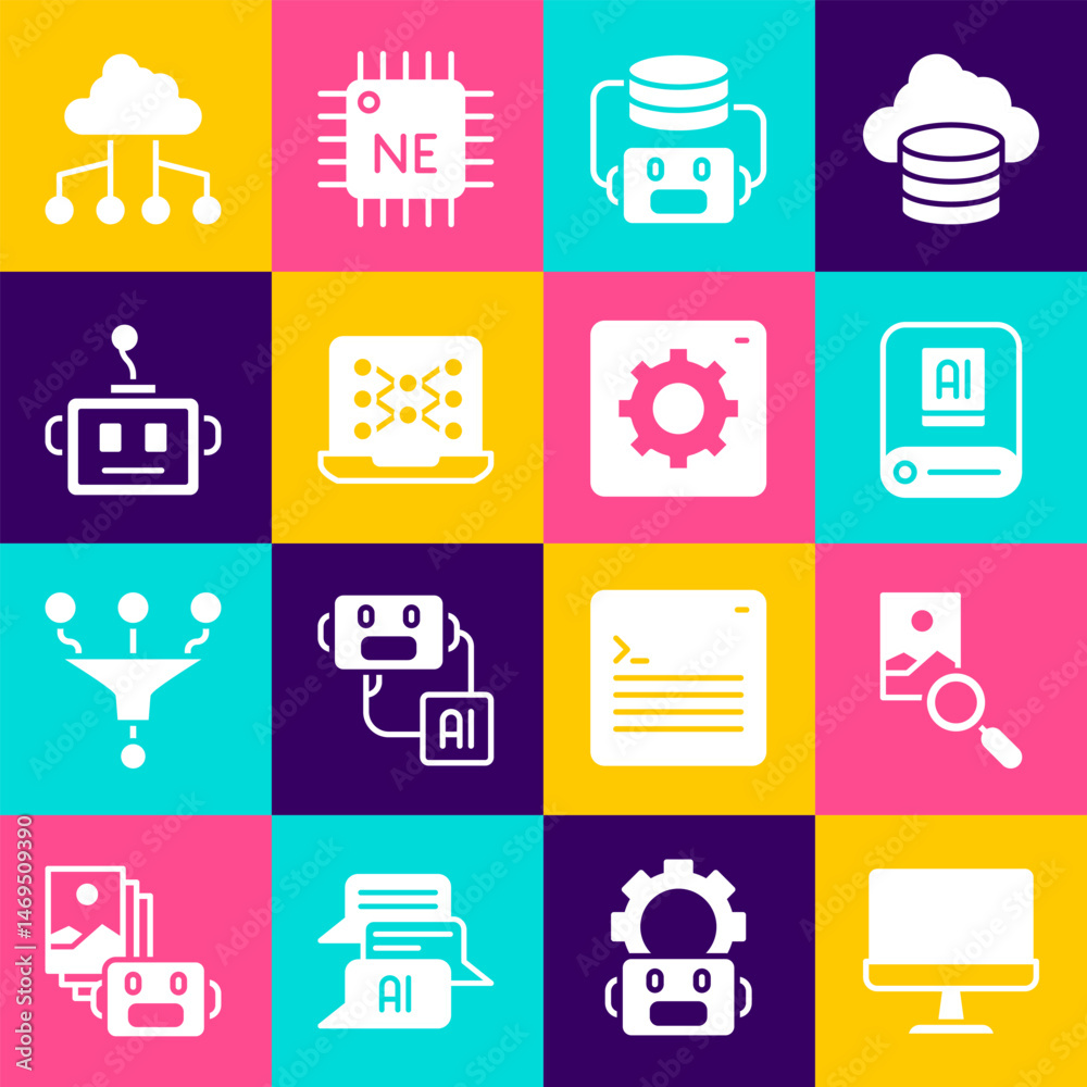 Poster set computer monitor, photo retouching, artificial intelligence ai, robot, neural network, network c