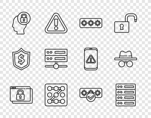 Set line Secure your site with HTTPS, SSL, Server, Data, Web Hosting, Password protection, Graphic password, Human head lock, and Incognito mode icon. Vector