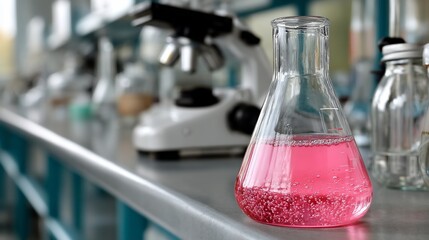 Pink liquid in a flask in a laboratory setting