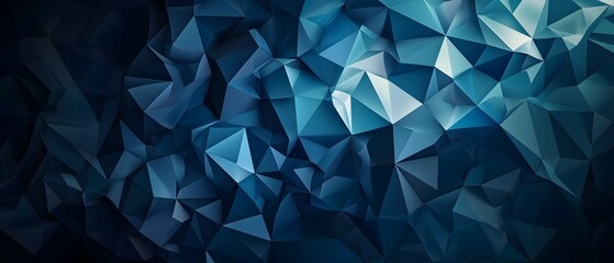 Blaues 3D-Polygonmuster mit Lichtreflexionen und futuristischer Raumtiefe
