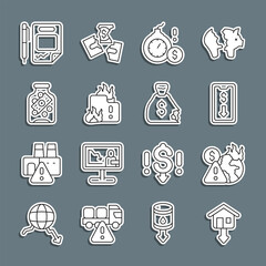 Set line Falling property prices, Global economic crisis, Mobile stock trading, Money bomb dollar, Fire burning house, Glass money jar with coin, Contract and pen and bag icon. Vector