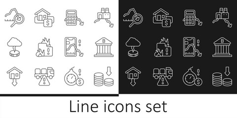 Set line Dollar rate decrease, Bank building, Calculation of expenses, Fire burning house, Storm, Global economic crisis, Mobile stock trading and Hanging sign with Sale icon. Vector