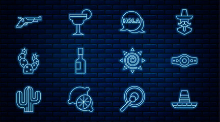 Set line Mexican sombrero, Wrestling championship belt, Hola, Tabasco sauce, Cactus, Vintage pistols, Sun and Margarita cocktail icon. Vector © vector_v