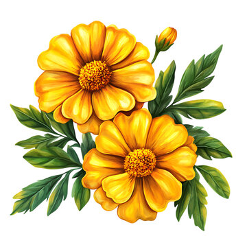 yellow marigold flowers green leaves white background clip art preview