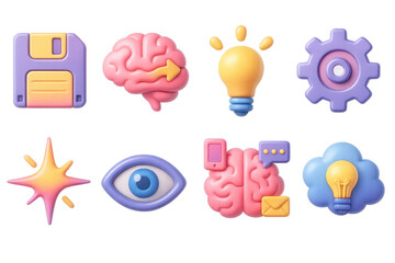 Y2k cognitive icons set &ndash; brain, lightbulb, gear, floppy disk, eye, spark, cloud, message. 3D icon set