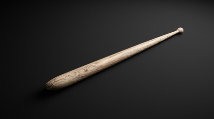 A wooden baseball bat with a worn handle and a small ball at the top.