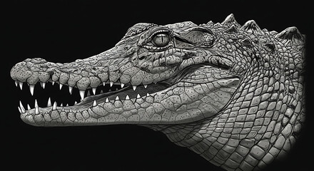 Obraz premium Detailed illustration of a crocodile head showing scales teeth and eye texture against a dark background