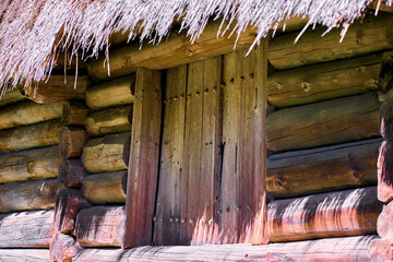  image shows a fragment of a wall with logs a booth with wooden doors under a straw tree