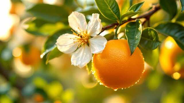 Ripe Orange Fruit Hanging on Branch with Blooming Flower and Dew Drops